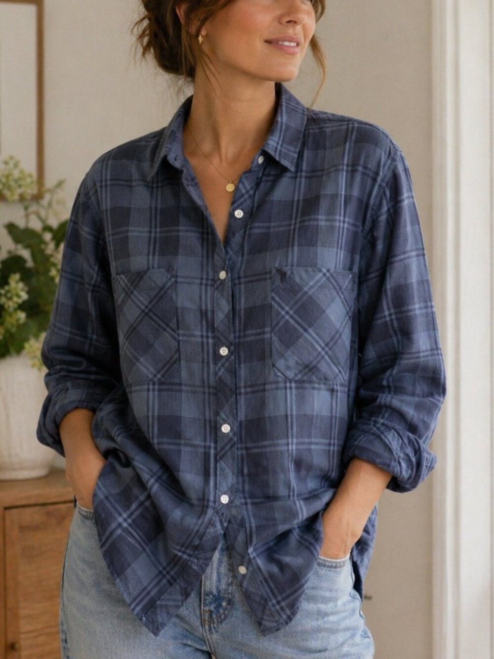 Abercrombie & Fitch Women's Cotton Button Up Boyfriend Shirt Blue Size Lg Y2K